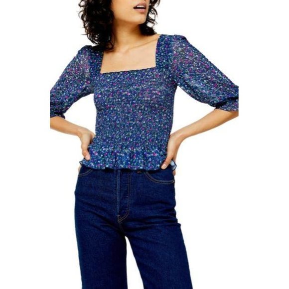 TOPSHOP Ditsy Smocked Blouse In Blue Multi US 4